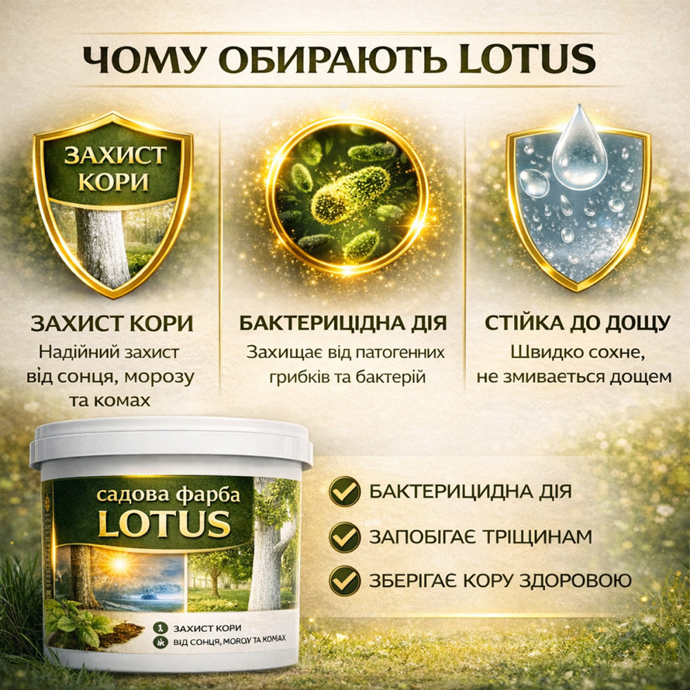 Фарба садова для дерев LOTUS 1 л білосніжна бактерицидна для побілки дерев і кущів, фарба для захисту саду від сонця та шкідників Харків - фото 3