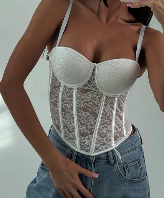 Женский романтичный кружевной корсет на бретелях гипюр L/XL, Белый Одесса - изображение 1