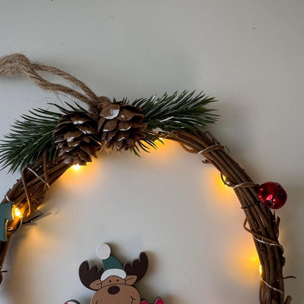 Рождественский венок из ротанги новогодний венок подвесной декор 18 см Niki Light LED от батареек олень Киев - изображение 10