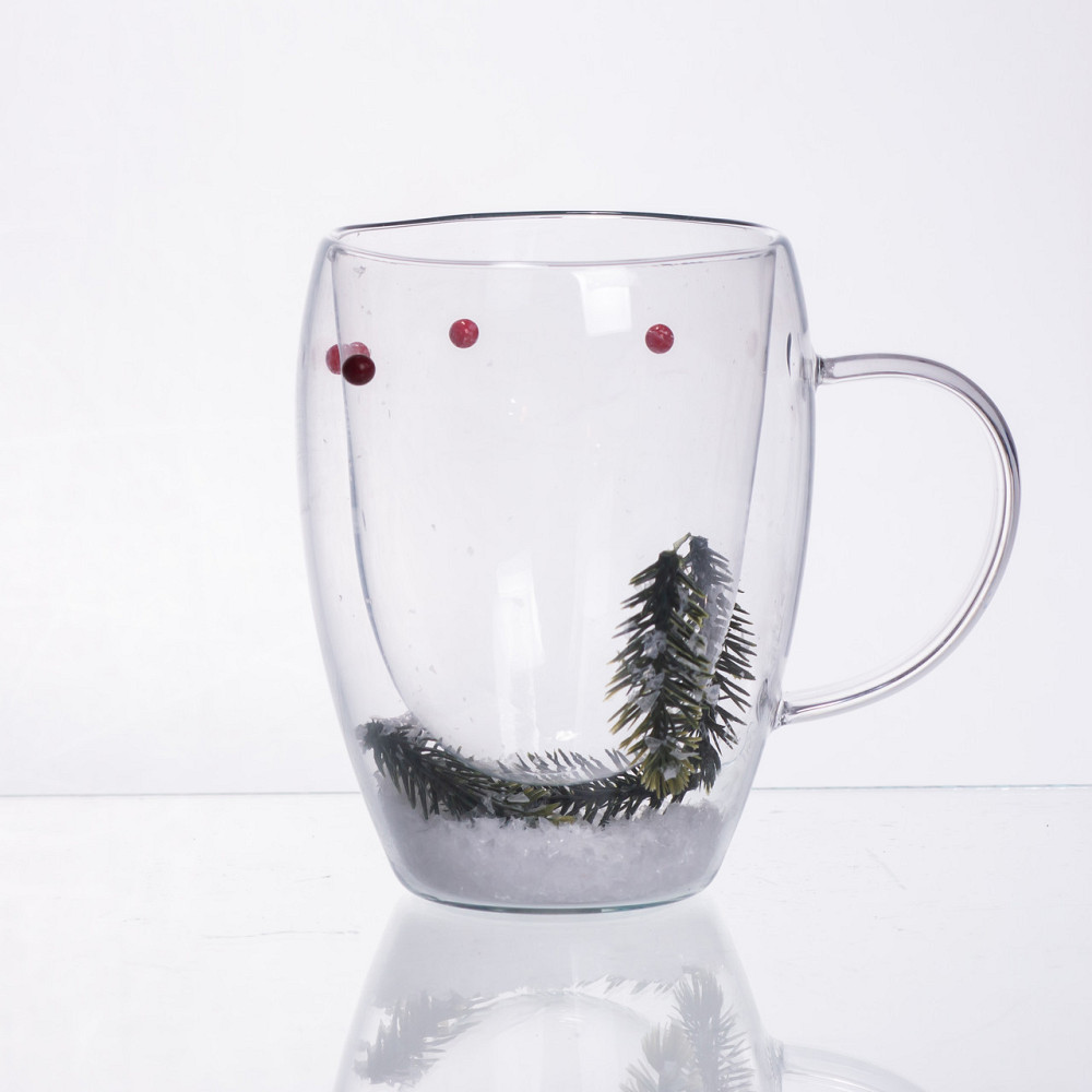 Чашка скляна з подвійними стінками з новорічним декором гілочка з ялинки 350 мл 64486-44 Коломия - фото 1