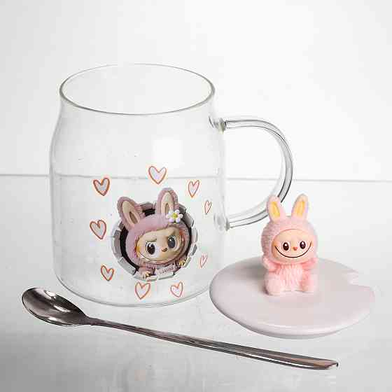 Новорічна велика скляна чашка "Лабубу" з кришкою та ложкою 600 мл,Святкова кружка чашка для дітей на подарунок Рожевий FM-56B SBR Київ