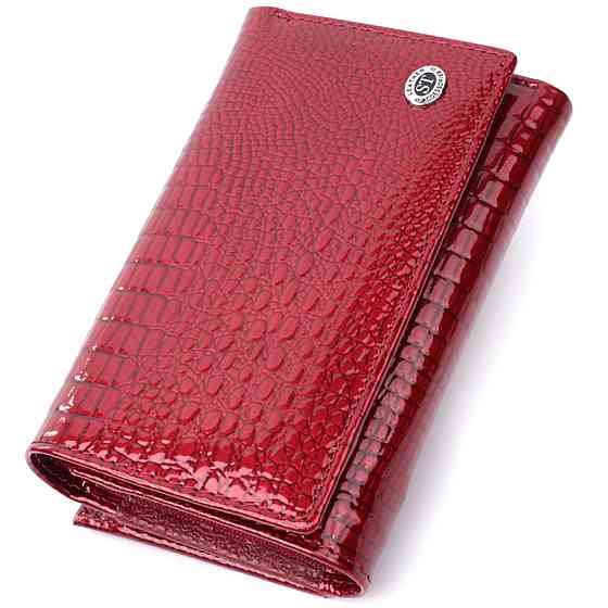 Кошелек женский в три сложения из лакированной фактурной натуральной кожи Красный (ST Leather) Киев
