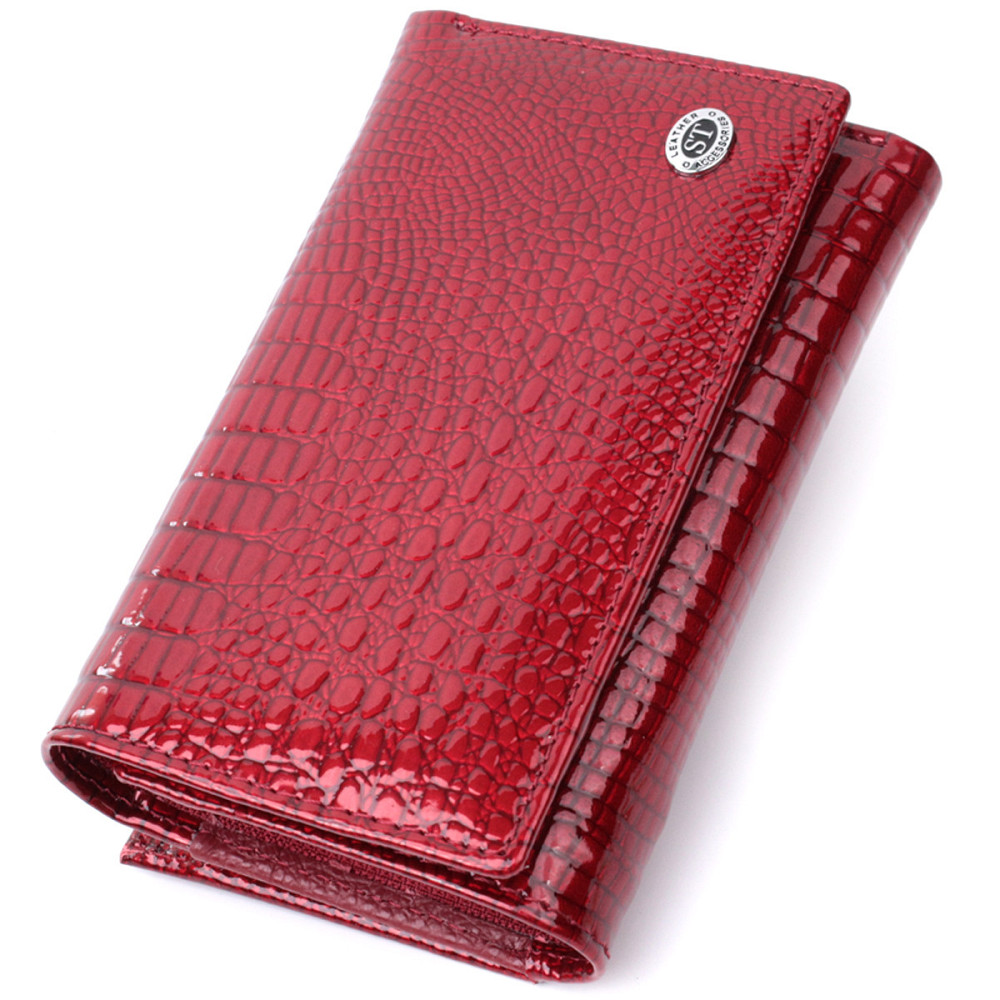 Кошелек женский в три сложения из лакированной фактурной натуральной кожи Красный (ST Leather) Киев - изображение 5