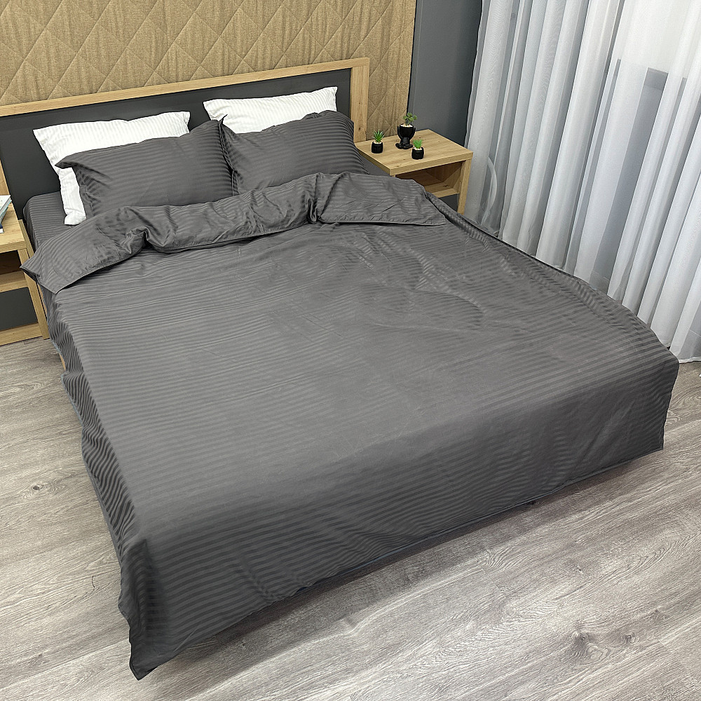 Комплект постельного белья Страйп-сатин Евро 200х230 с простыней на резинке Графитовый (88-097) Киев - изображение 2