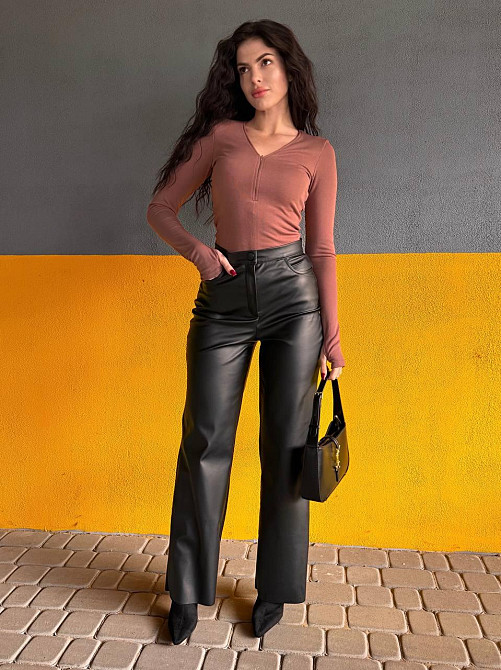 Женские стильные повседневные брюки с эко кожи на флисе. Одесса - изображение 5