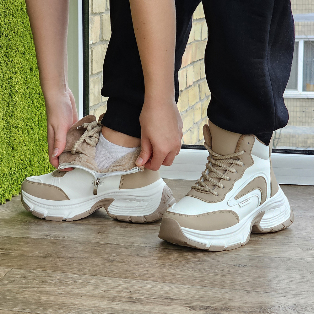 Зимові Білі жіночі Кросівки з МЕХОМ на Толстой Підошві Танкетке Ботинки Шкіряні Бежеві (розміри: 36,37,38,39,40) Дніпро - фото 7