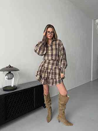 Жіночий стильний костюм-двійка: сорочка та спідниця в карту тіар Бежевий, 46/48 Одеса