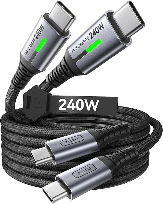 Кабель USB-C INIU 240W 2м×2 Чёрный нейлон PD быстрой зарядки 480Mbps для iPhone Samsung MacBook Киев - изображение 1