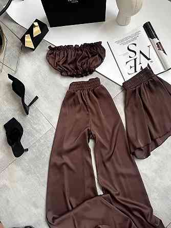 Женская пижама тройка: топ шорты и брюки из шелка армани Шоколад, 42/44 Одесса