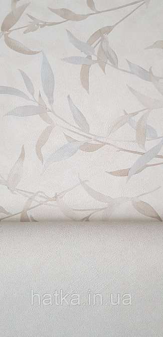 Шпалери вінілові на флізеліні Sintra Adria метрове листя гілки бежеві коричневі сірі на бежевому Київ - фото 3