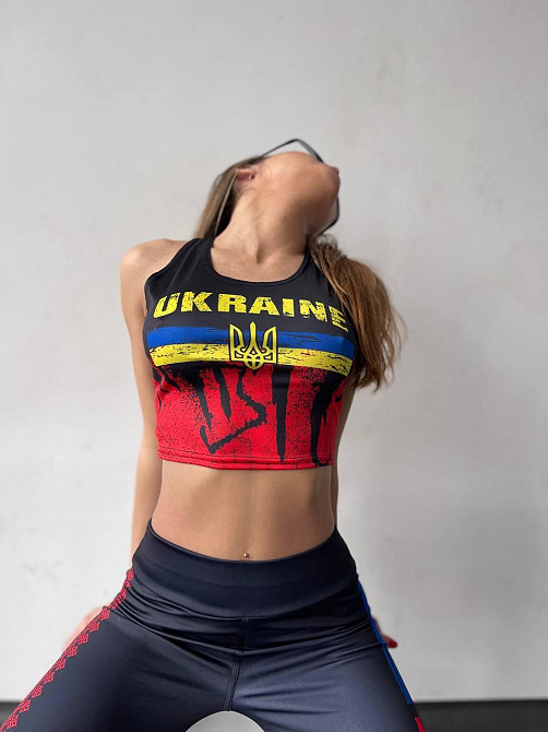Женский спортивный костюм топ-майка + лосины для фитнеса и йоги, танцев патриотический принт Одесса - изображение 2