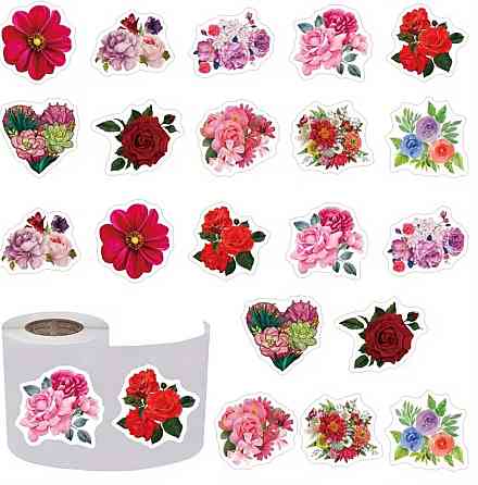 Наклейки цветы рулон 500 шт 10 дизайнов декоративные стикеры цветы для упаковки подарков скрапбукинга и декора 2.4 см Киев