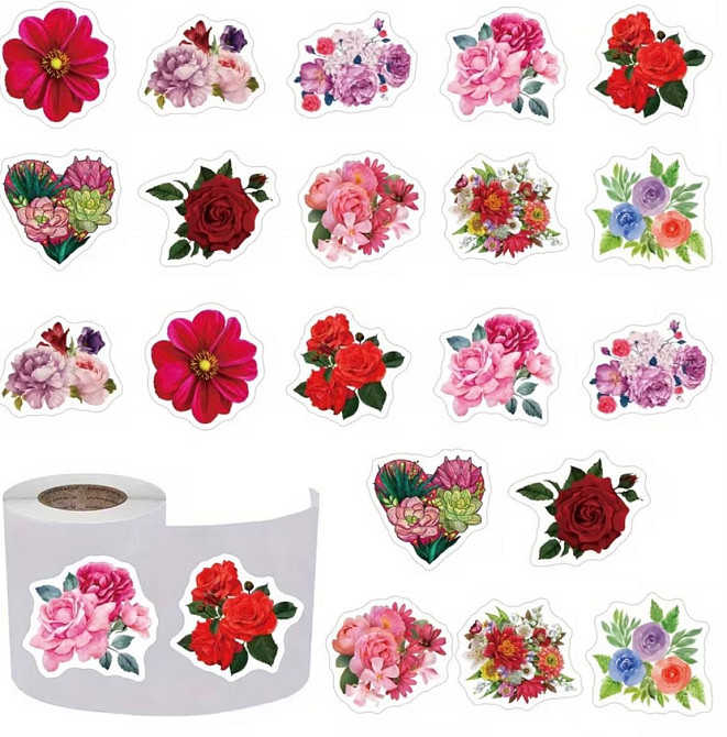 Наклейки цветы рулон 500 шт 10 дизайнов декоративные стикеры цветы для упаковки подарков скрапбукинга и декора 2.4 см Киев - изображение 1