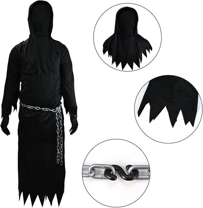 Моторошний дорослий костюм Жнеця Смерті з LED-окулярами, косою, маскою та аксесуарами на Гелловін, карнавал Київ - фото 5