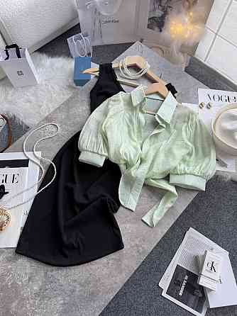 Женский стильный романтичный комплект сарафан+рубашка со стразами рубчик мустанг Зелёный, 42/46 Одесса