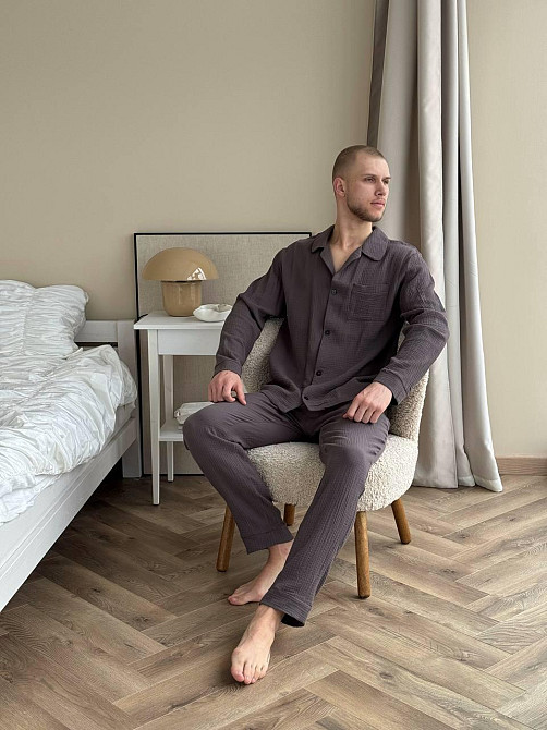 Чоловічий домашній костюм з муслінової тканини на ґудзиках Коричневий XL-2XL Харків - фото 1