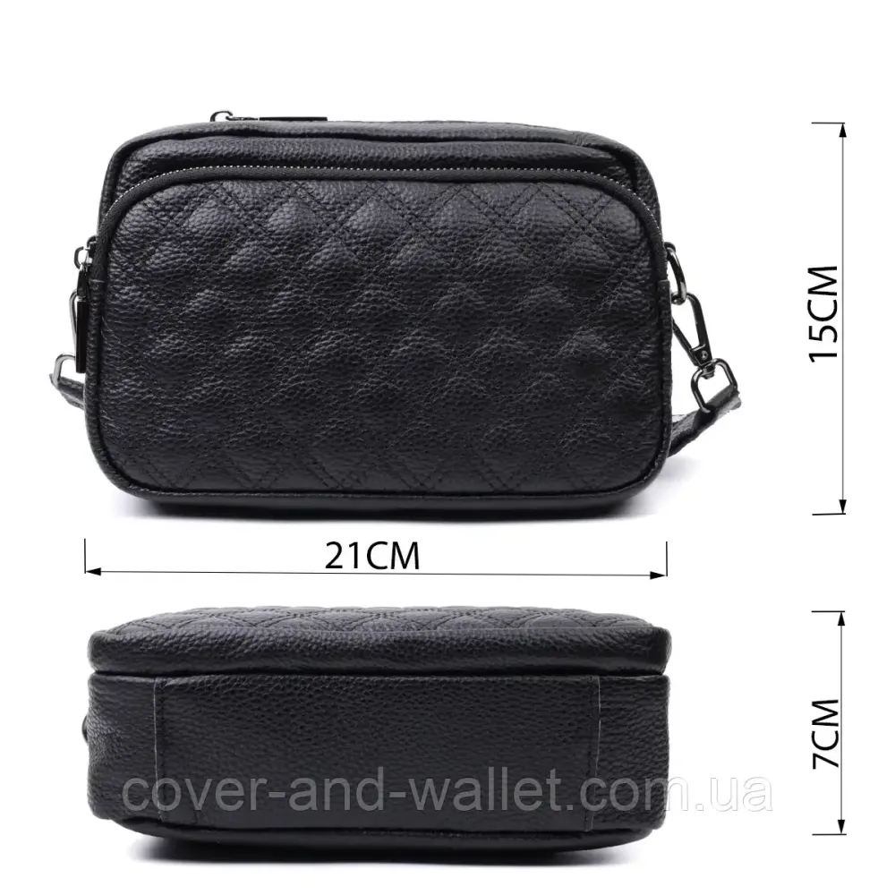 Стильна жіноча сумка чорного кольору із  натуральной шкіри в ромб Київ - фото 2