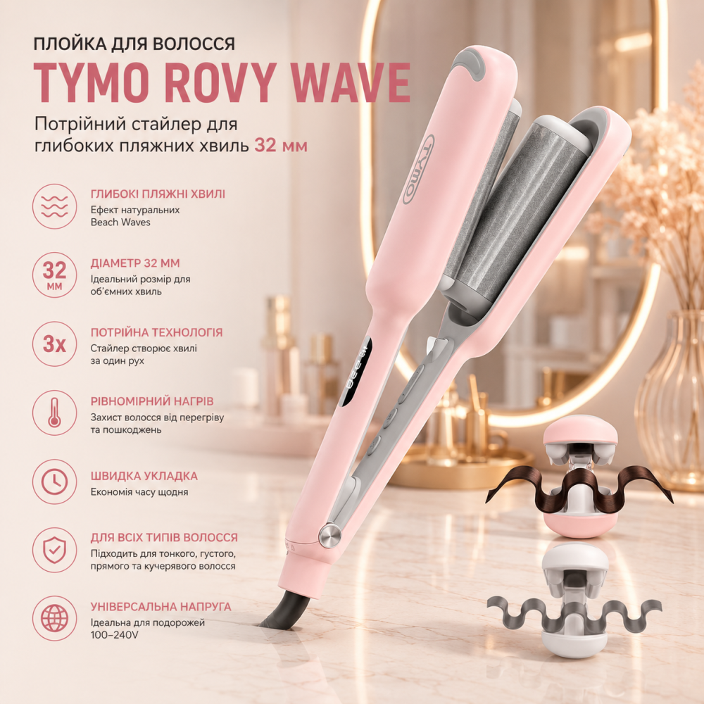 Плойка для волосся TYMO Rovy Wave 32 мм Потрійний стайлер щипці для глибоких пляжних хвиль Beach Waves Рожева Київ - фото 9