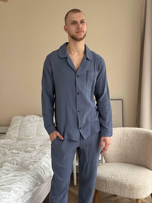Мужской домашний костюм из муслиновой ткани на пуговицах Джинсовый XS-S Харьков - изображение 1