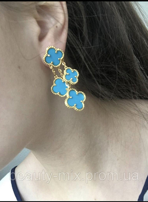 Серьги голубые на 4 элемента / покрытие лимонным золотом / Vancleef Ванклиф сережки под бирюзу Одесса - изображение 4