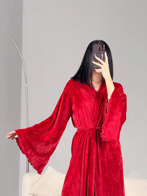 Женский стильный домашний велюровый макси халат плюш велюр Красный, Oversize 42/46 Одесса - изображение 5