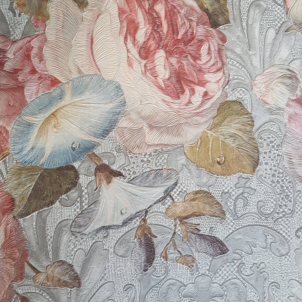 Шпалери метрові вінілові на флізелін Yuanlong Samsara квіти троянди червоні півонії бордові блакитні на сірому Київ - фото 4