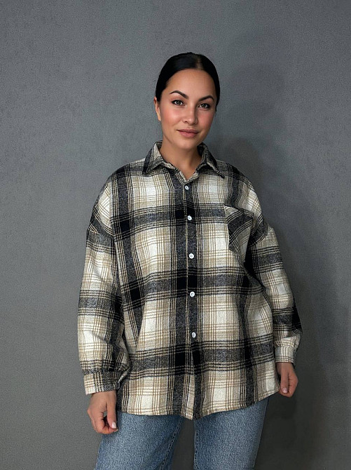 Рубашка женская A-N 211 клетчатая оверсайз в клетку теплый байковый карман one size темно бежевая, тёмнобежевый, one size Киев - изображение 19