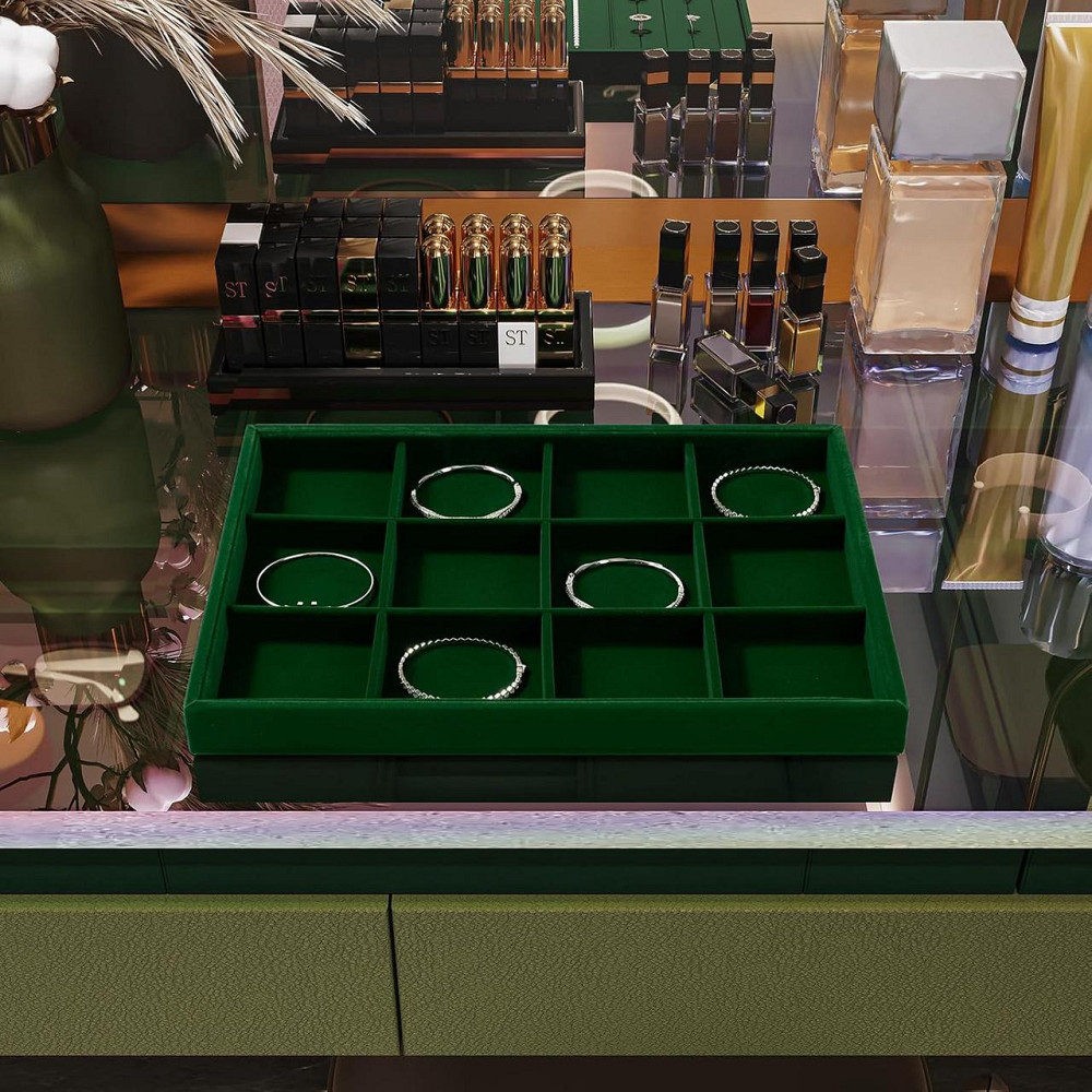Лоток для украшений Velvet 12 отделений Темно-зеленый 35×24×3.5 см бархатный органайзер штабелируемый для Киев - изображение 4