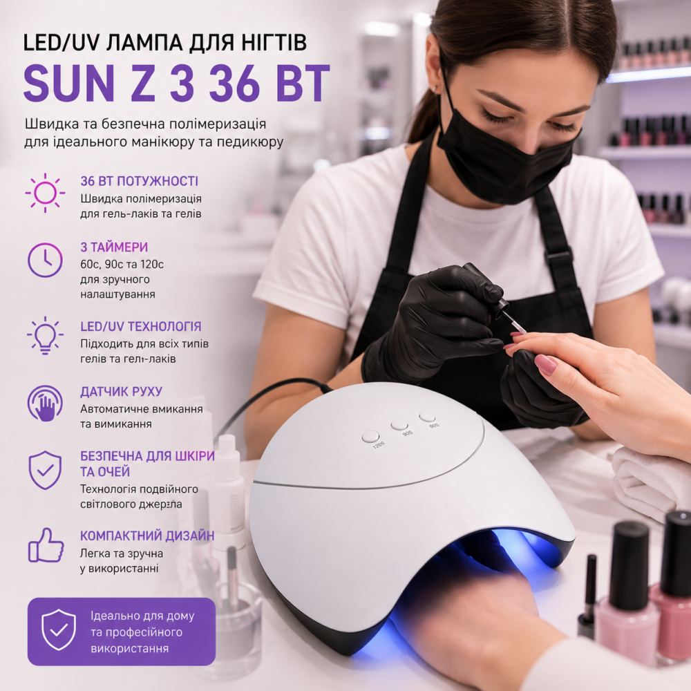 LED/UV Лампа для нігтів SUN Z 3 36 Вт: швидка та безпечна полімеризація гель-лаку для ідеального манікюру та педикюру Київ - фото 6