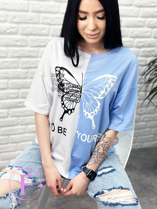 Двокольорова футболка "Butterfly" оптом | Батал | Розпродаж моделі Блакитний, 50-52 Київ - фото 2