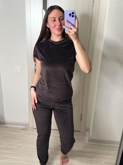 Жіночий домашній костюм-трійка: футболка штани + шорти плюш-велюр Темний шоколад, 42/44 Одеса - фото 1