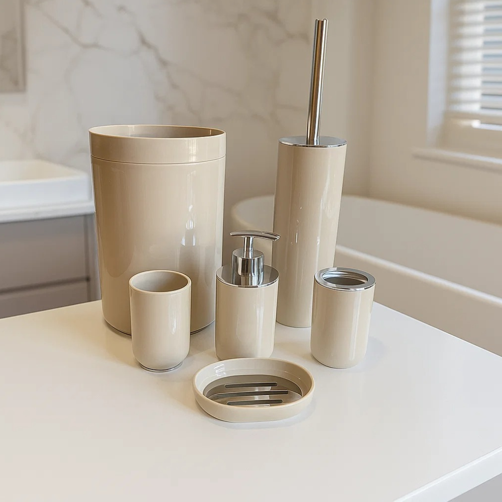 Набор аксессуаров для ванной и душевой комнаты Bathlux 6 штук урна,ёршик дозатор,стаканы,мыльница, бежевый Каменец-Подольский - изображение 1