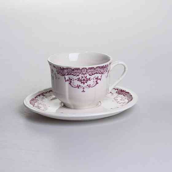 Столовий набір посуду тарілок і чашок 32 предмети на 6 персон «Бордовий Меандр» порцеляновий YY78-3A Коломыя