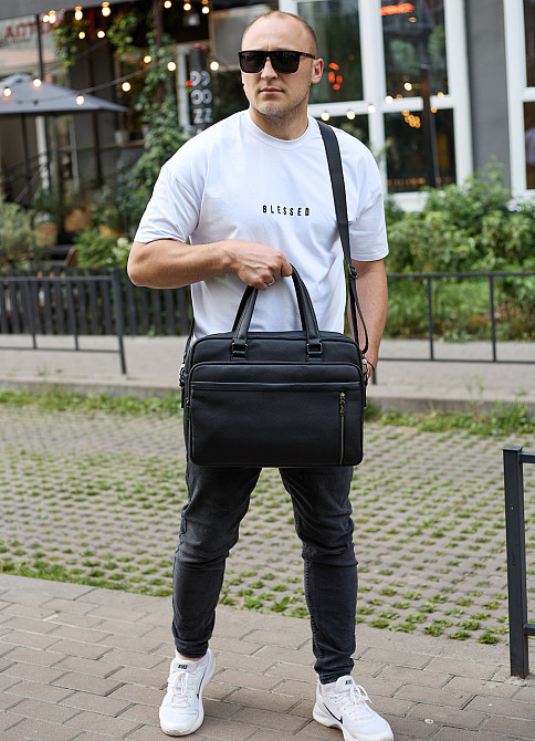 Офисная мужская сумка через плечо 39х29х10, кожаный портфель-мессенджер для бизнеса, черный Каменское - изображение 6