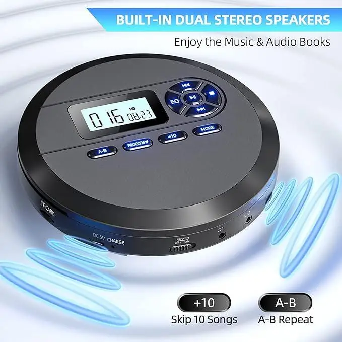 Портативний CD-плеєр MP111B Black: Програвач із динаміками, FM-передавачем, акумулятором 2000 mAh та функцією Anti-Shock Київ - фото 7