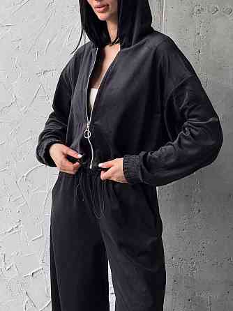 Женский прогулочный костюм двойка: кофта и штаны турецкий велюр Черный, 46/48 Одесса