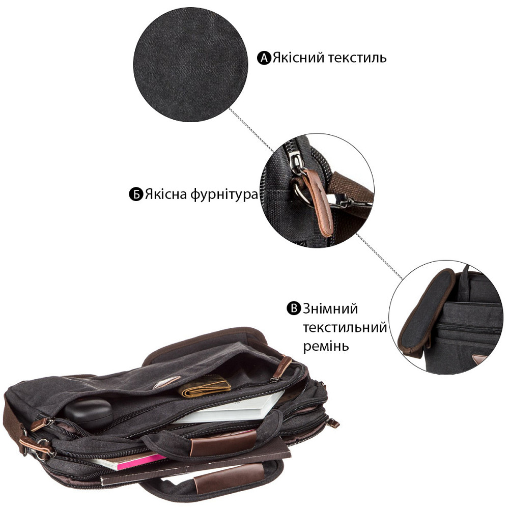 Сумка текстильна для ноутбука Vintage 20182 Чорна Київ - фото 5