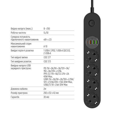 Сетевой фильтр питания ColorWay CW-CHE44PDB, 4 розетки/4USB 2M (CW-CHE44PDB) Винница - изображение 2