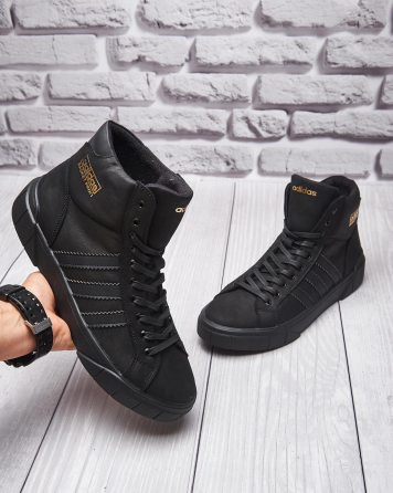 Чоловічі теплі зимові стильні черевики з натуральної шкіри та хутра Adidas чёрные В-62 Харків