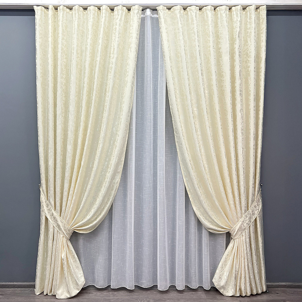 Комплект штор VR-Textil Льон Мармур 200х270 2шт і Тюль 500х270 1908ш-115т Молочний з білим 71-128/6 Київ - фото 1