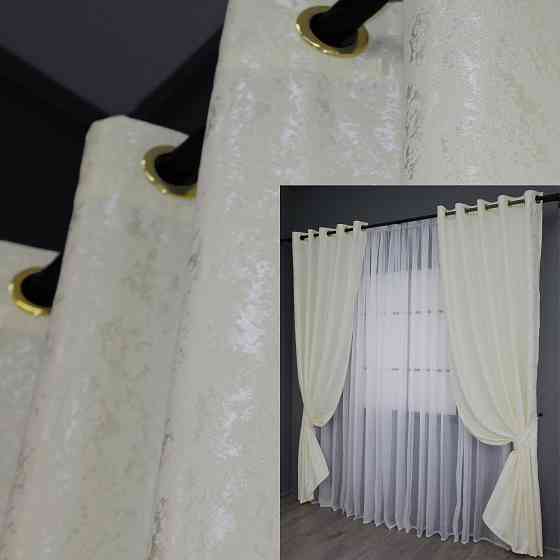 Комплект штор на люверсах VR-Textil Льон мармур Pavliani № 1172ш 150х250 см 2 шт Кремовий (37-0043) Київ