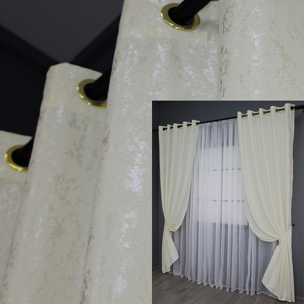 Комплект штор на люверсах VR-Textil Лен мрамор Pavliani № 1172ш 150х250 см 2 шт Кремовый (37-0043) Киев - изображение 1