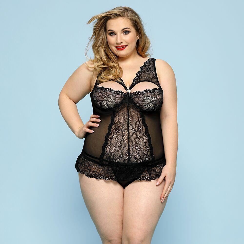 Сексуальний комплект білизни JSY «Скромниця Брук» Plus Size, Black, мереживо, корсет, стрінги Sex Aura Київ - фото 1
