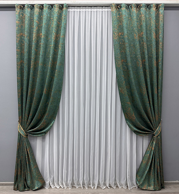 Комплект готових штор VR-Textil Жакард Fantasy № 1633ш Смарагдовий з золотистим 150х290 см 2 шт (33-0537) Київ - фото 2