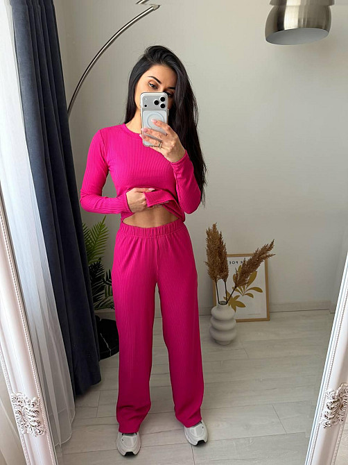 Жіночий стильний повсякденний костюм-двійка турцький рубчик Малиновий, 46/48 Одеса - фото 1