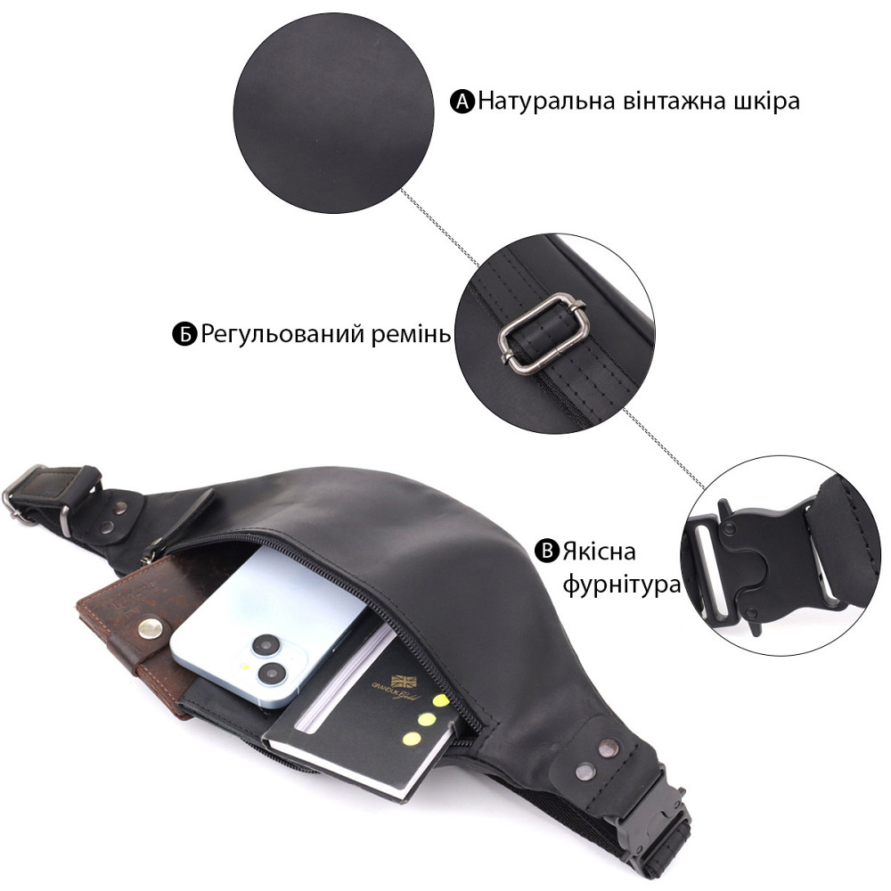 Чоловіча бананка з натуральної вінтажної шкіри Чорний (SHVIGEL) Київ - фото 8