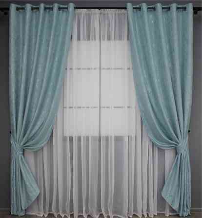 Комплект штор на люверсах VR-Textil Льон мармур Pavliani № 1371ш 150х250 см 2 шт Темно-блакитний (37-0052) Київ