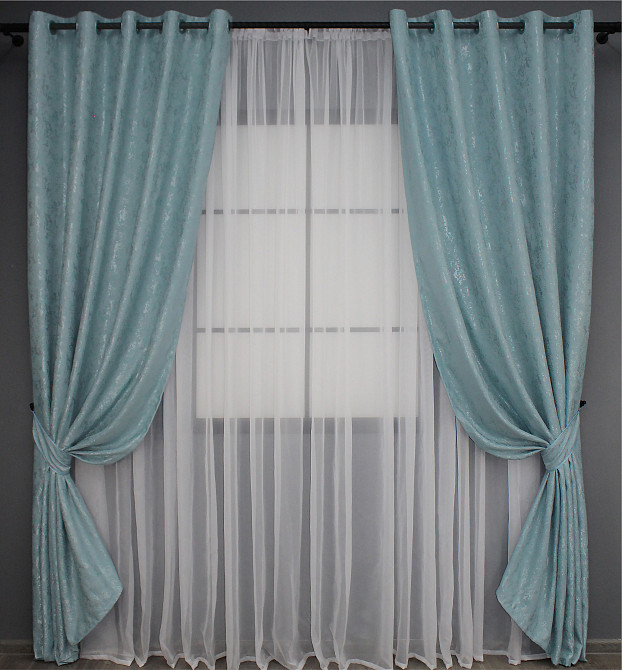 Комплект штор на люверсах VR-Textil Лен мрамор Pavliani № 1371ш 150х250 см 2 шт Темно-голубой (37-0052) Киев - изображение 2