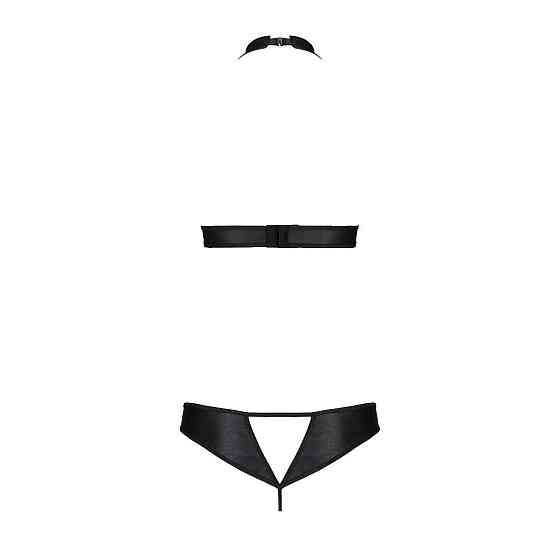 Комплект из экокожи Passion MALWIA SET with Open Bra 4XL/5XL black, топ и трусики с люверсами Sex Aura Киев