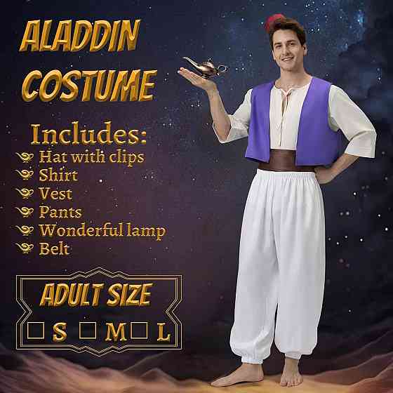 Костюм Аладдін Prince Ali біло-золотистий арабський жилет штани сорочка капелюх лампа карнавальний Київ